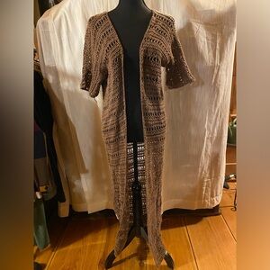 Womens Long Crocheted Cardigan Chocolate Brown 3/4 Sleeve